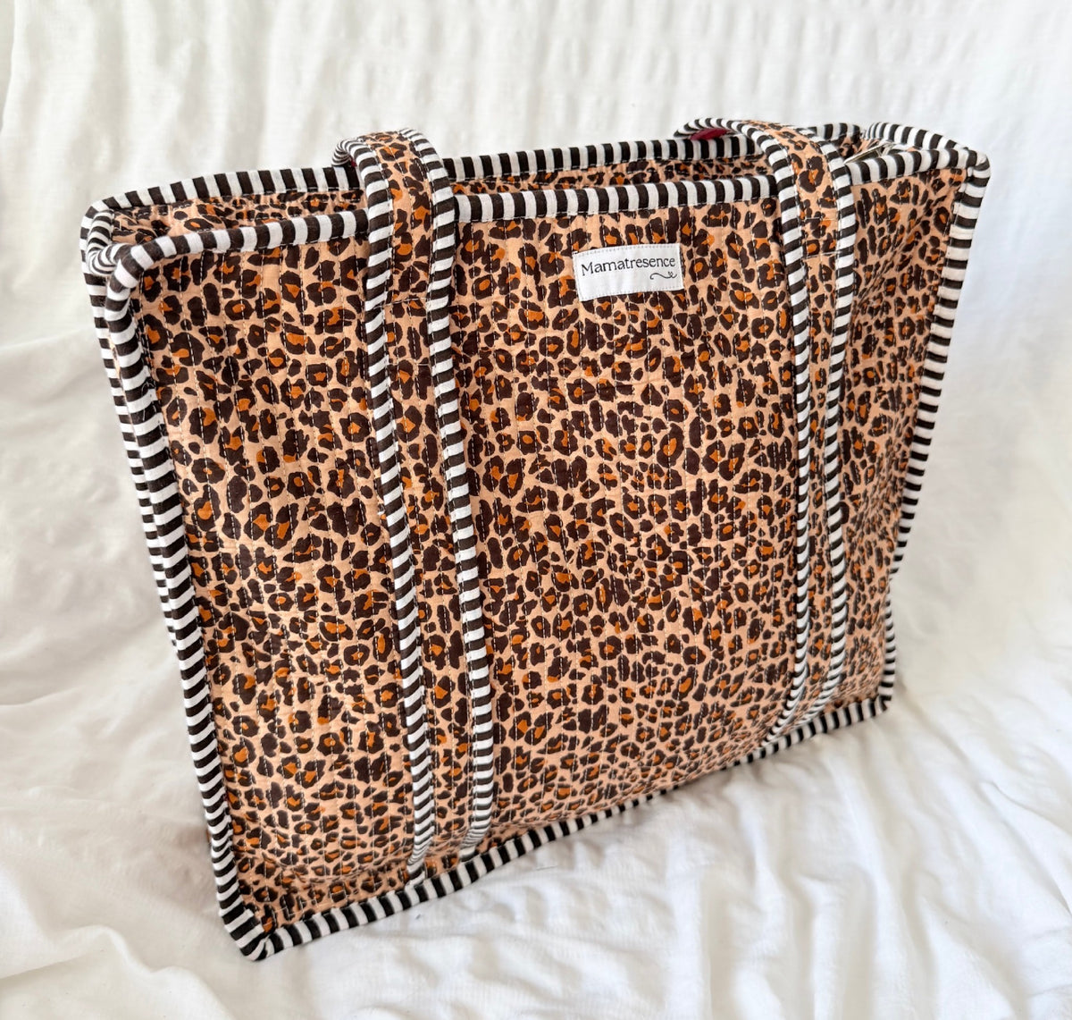 Leopard x Pink Striped Large Tote Bag