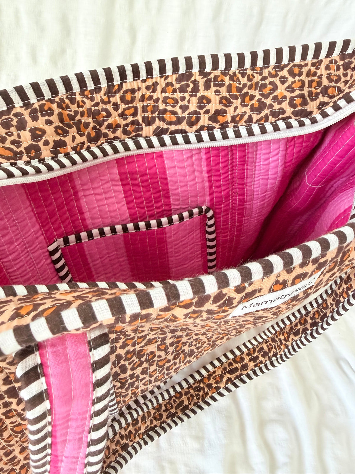 Leopard x Pink Striped Large Tote Bag