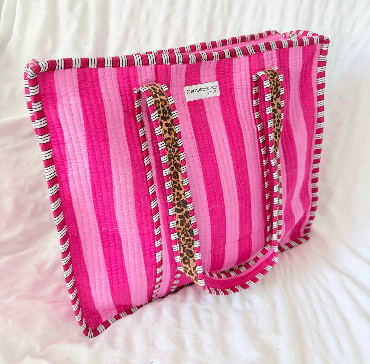 Pink Striped x Leopard Large Tote Bag